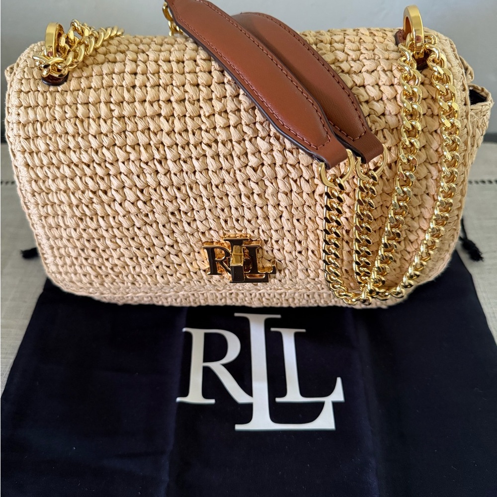 Ralph Lauren Natural Straw Shoulder Bag with Gold Chain - Picture 5 of 14